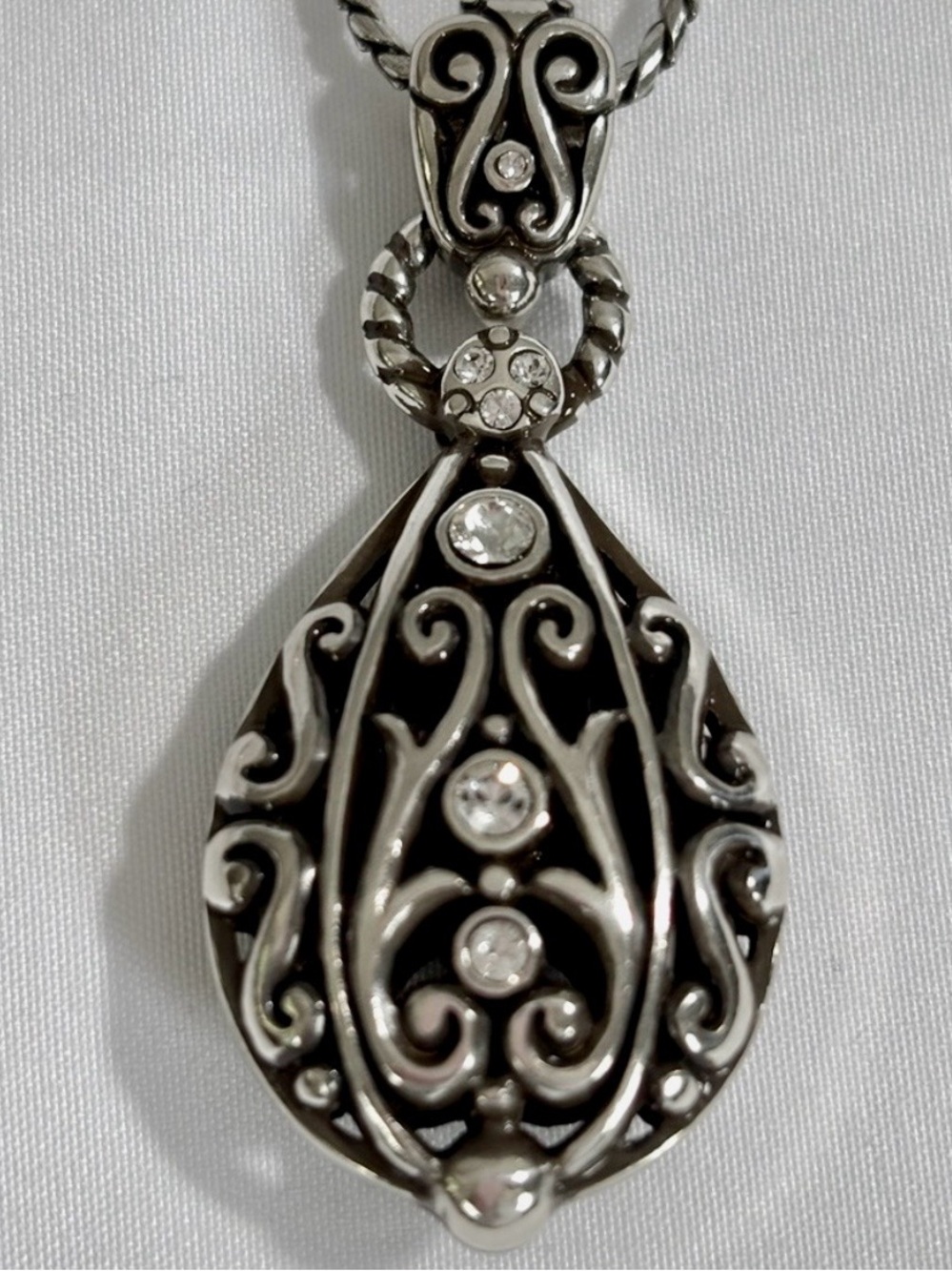 Brighton Bibi Scroll Teardrop Crystal Silver Plated Pendant Necklace